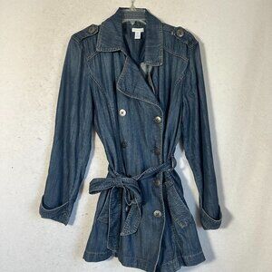 CHICOS JACKET SIZE L 12  DENIM TRENCH DORA LYOCELL INDIGO BLUE BUTTON UP
